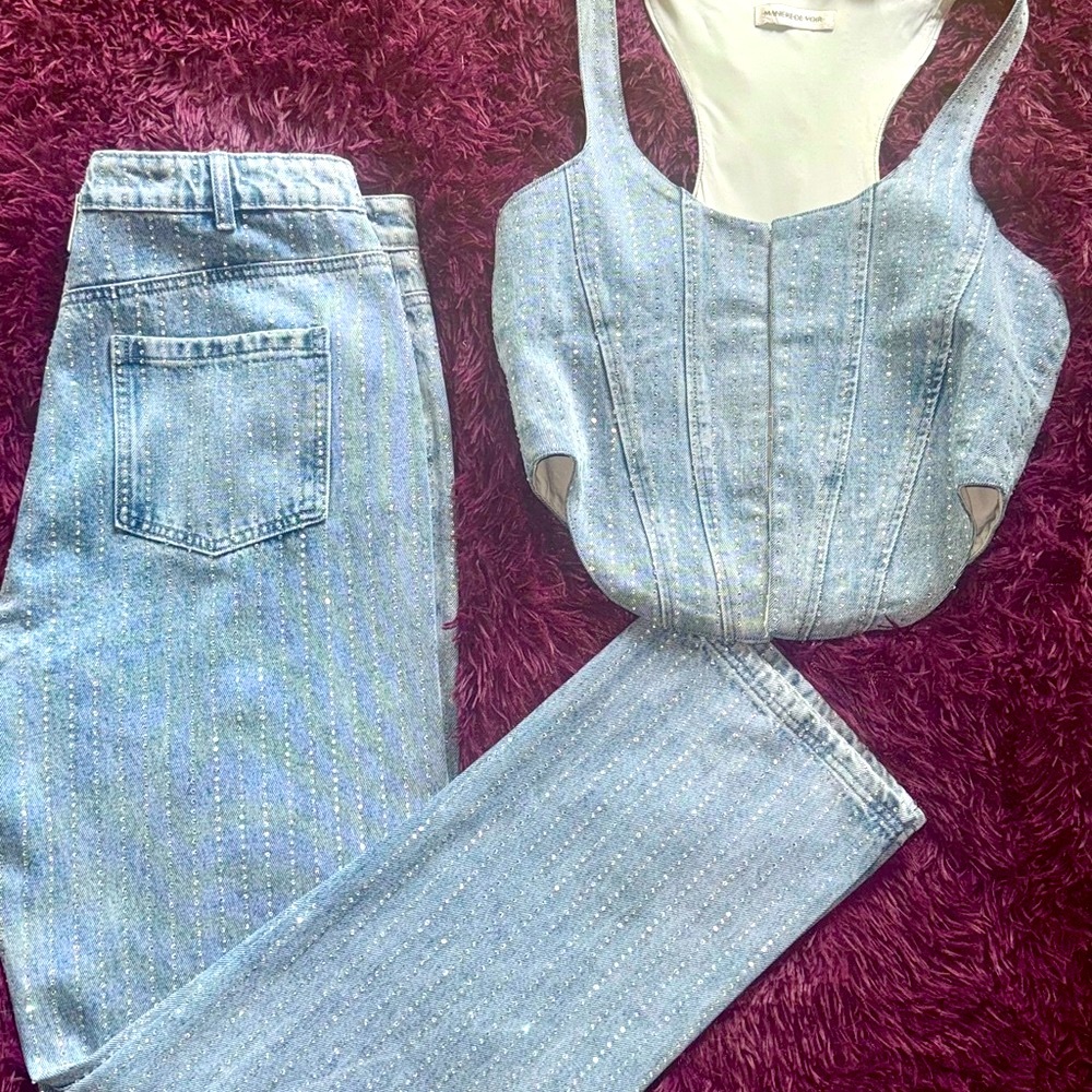 MANIERE DE VOIR Sparkling Denim Corset Top and Jeans Set
